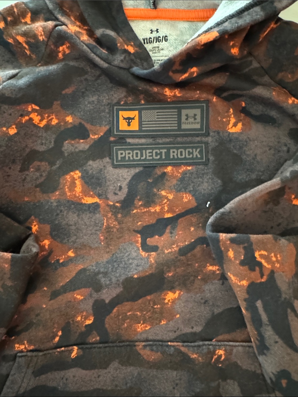 Project Rock Camo Hoodie in Black & Orange YL - Picture 3 of 5